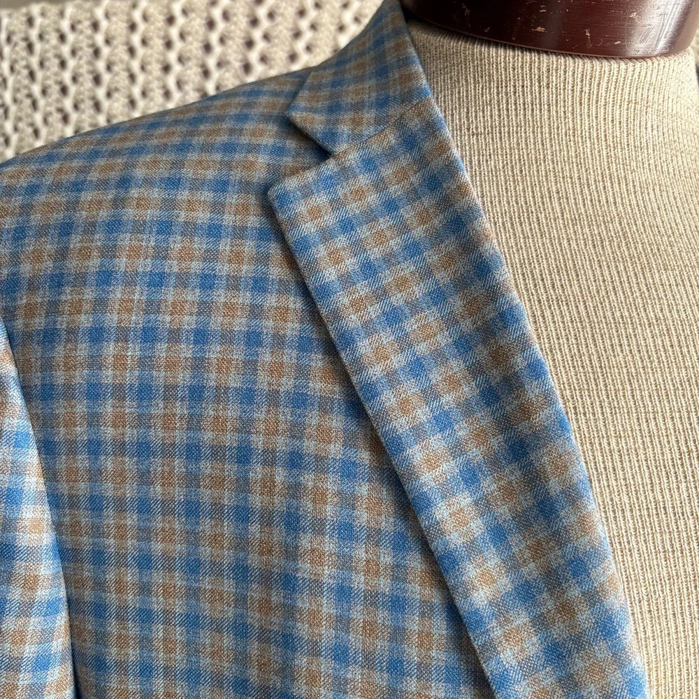 Bespoke Holland & Sherry Tom James Check Wool Sport‎ Coat Tailored Fit Blue 46L